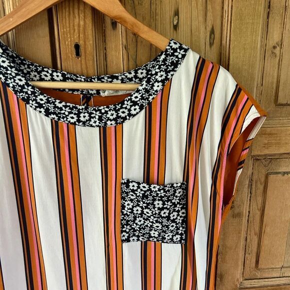 Porridge Clothing Womens XS Striped‎ Blouse Tee Orange White Blue Floral Trim - Picture 2 of 10